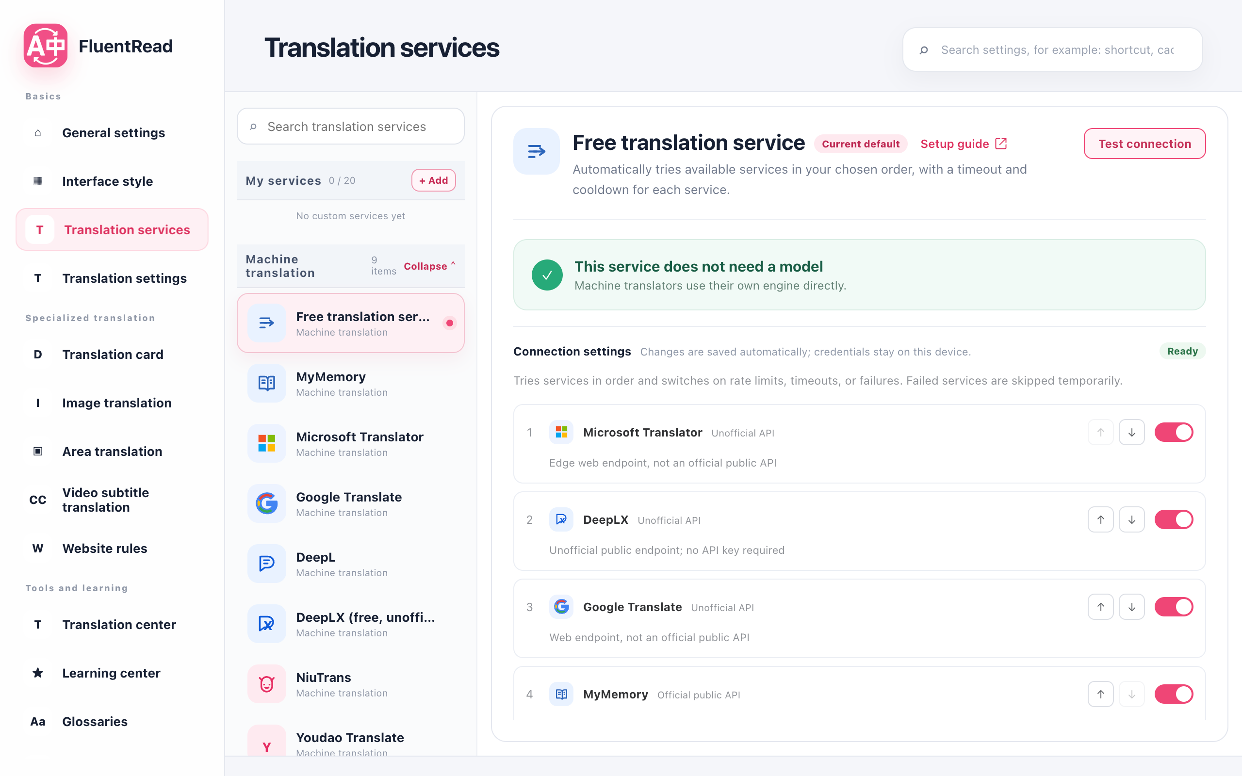 Translation service directory and connection settings